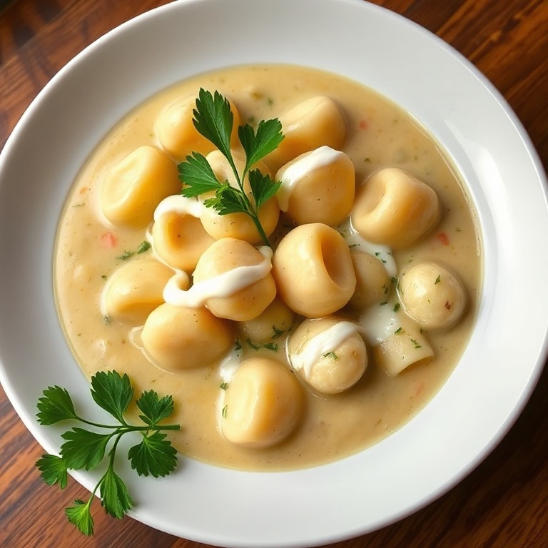A bowl of creamy vegetarian gnocchi soup topped with fresh parsley and a drizzle of cream. Warm lighting highlights the texture.