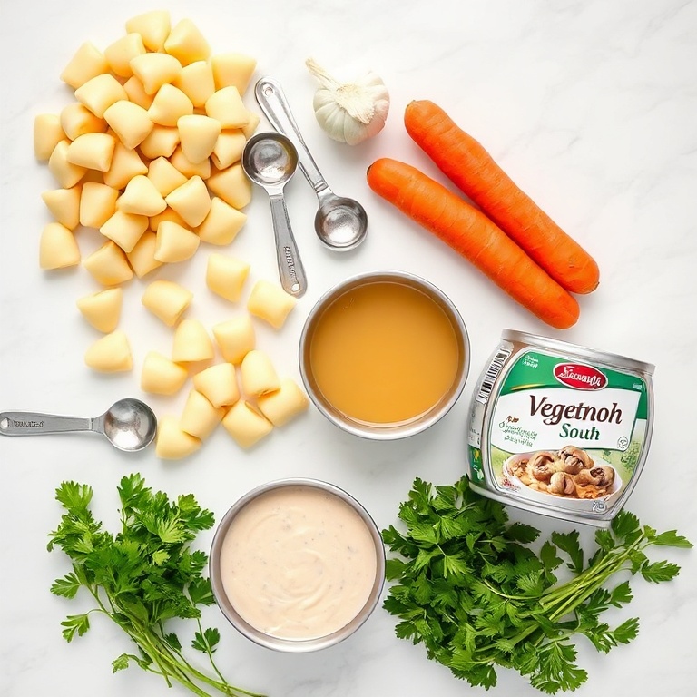 Raw ingredients for creamy vegetarian gnocchi soup: gnocchi, onions, garlic, carrots, vegetable broth, cream of mushroom soup, and fresh parsley.