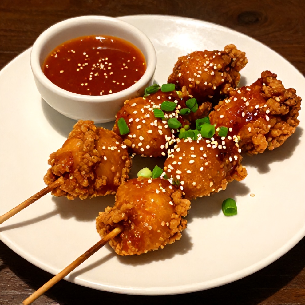 Plated Bang Bang Chicken Skewers with Spicy Dipping Sauce