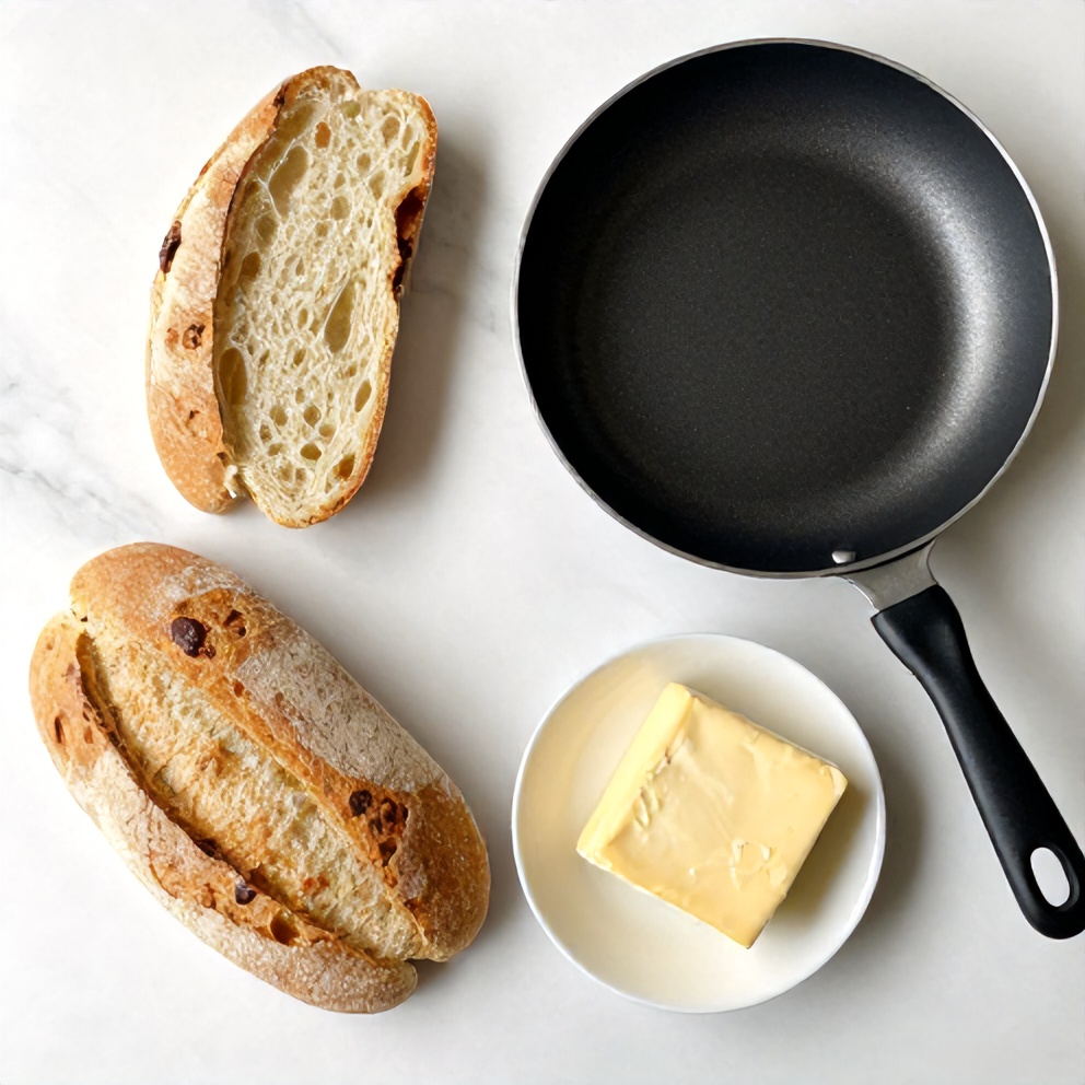 Bread, cheese, butter, and pan on a wooden surface
