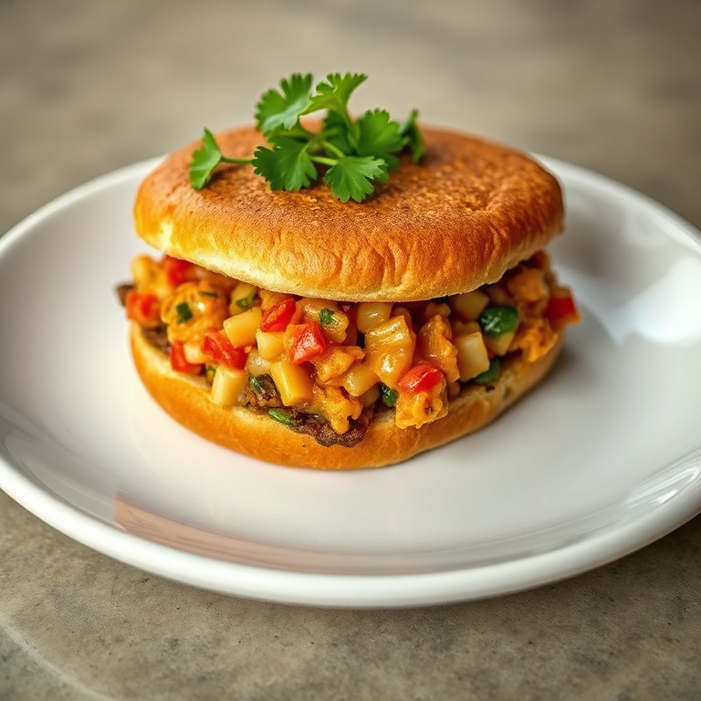 One perfect plated serving of the Mexican Chopped Cheese Sandwich. Garnished with fresh cilantro. Close crop. White plate with a slight texture. Warm side lighting showing texture. Photorealistic food photography. No text. No watermark.