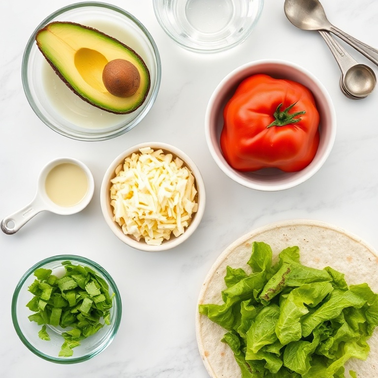 Overhead flat lay of the raw ingredients for this recipe. Avocado, tomato, lettuce, cheese, and tortilla. Prep bowls, measuring spoons, and cups visible. White marble surface. Bright even light. Photorealistic overhead food photography. No text. No watermark.