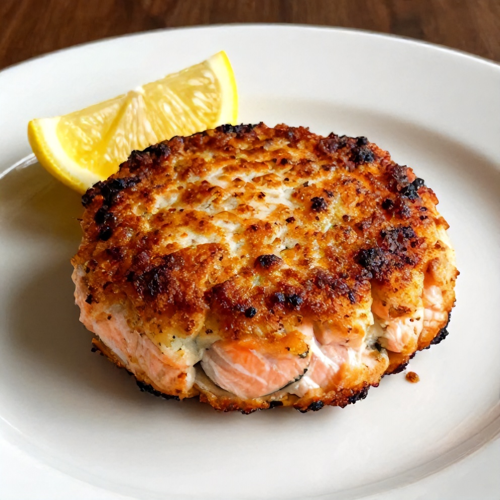 Plated salmon cake with lemon wedge