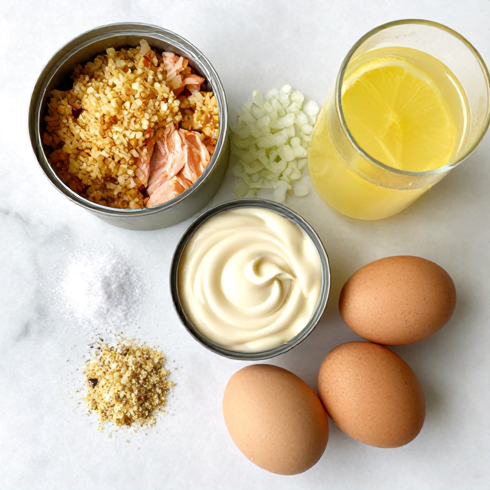 Raw ingredients for salmon cakes on a marble surface