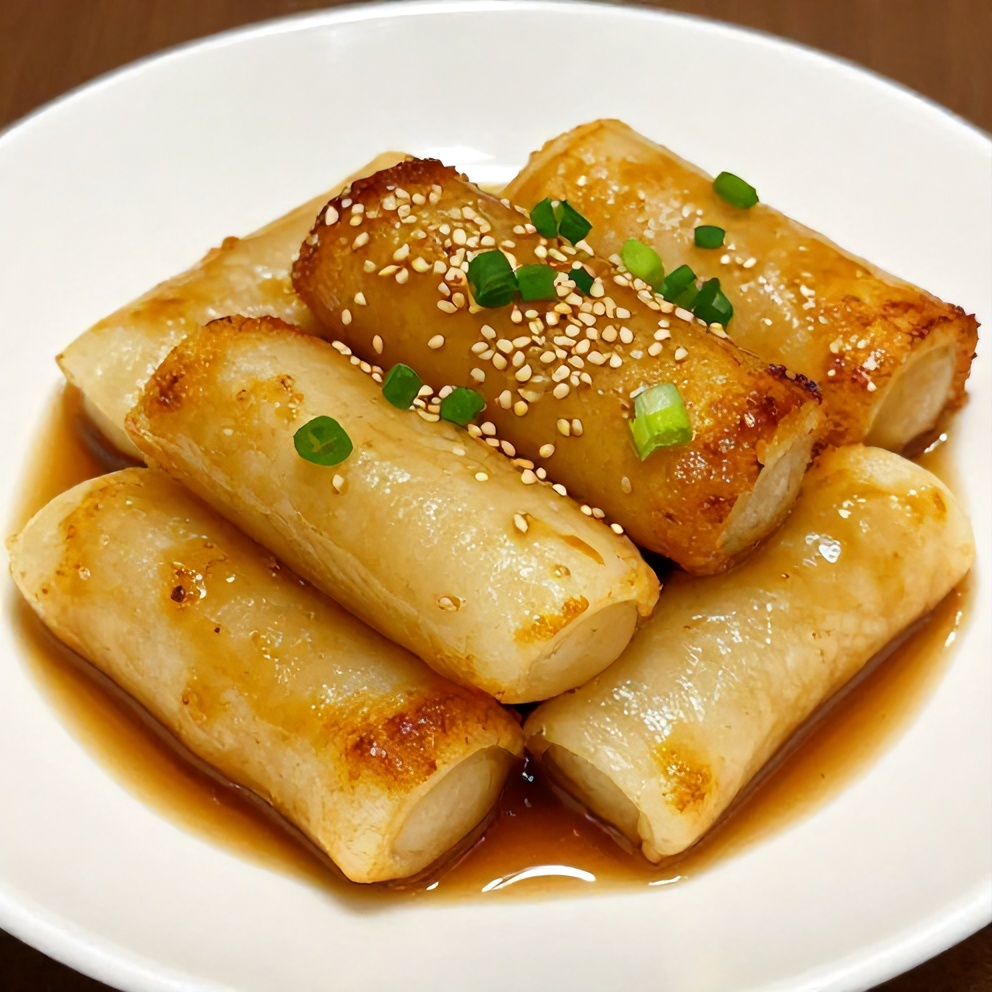 Plated Korean Rice Cakes with Sesame Seeds and Green Onions