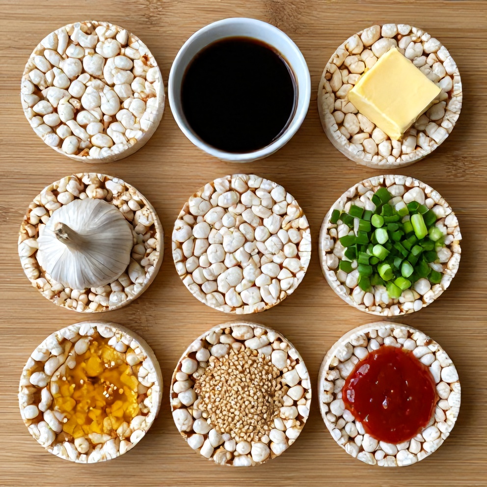 Rice cakes, soy sauce, butter, garlic, honey, sesame seeds, green onions, and Sriracha on a wooden surface