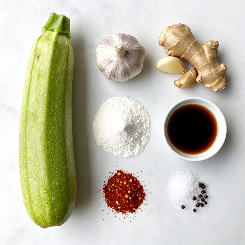 Zucchini, garlic, ginger, soy sauce, and other ingredients arranged on a white marble surface