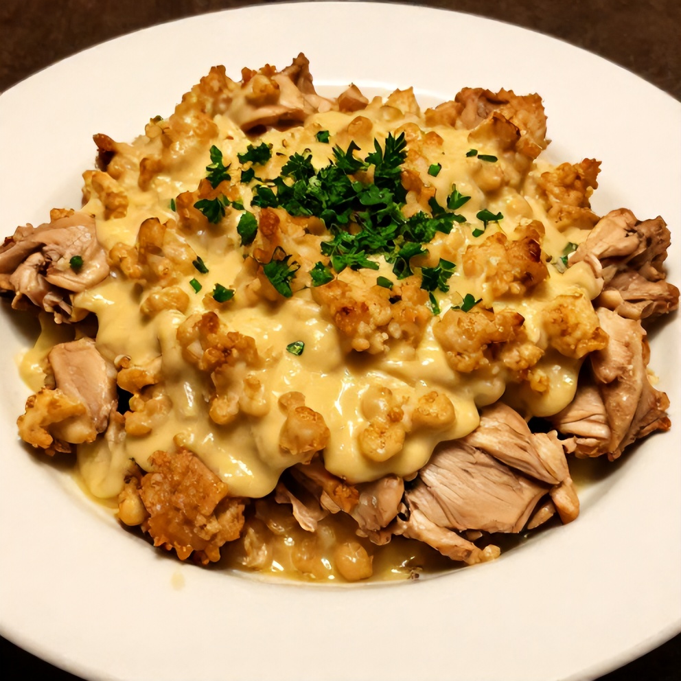 A serving of creamy crock pot chicken and stuffing topped with fresh parsley on a white dinner plate, close crop.