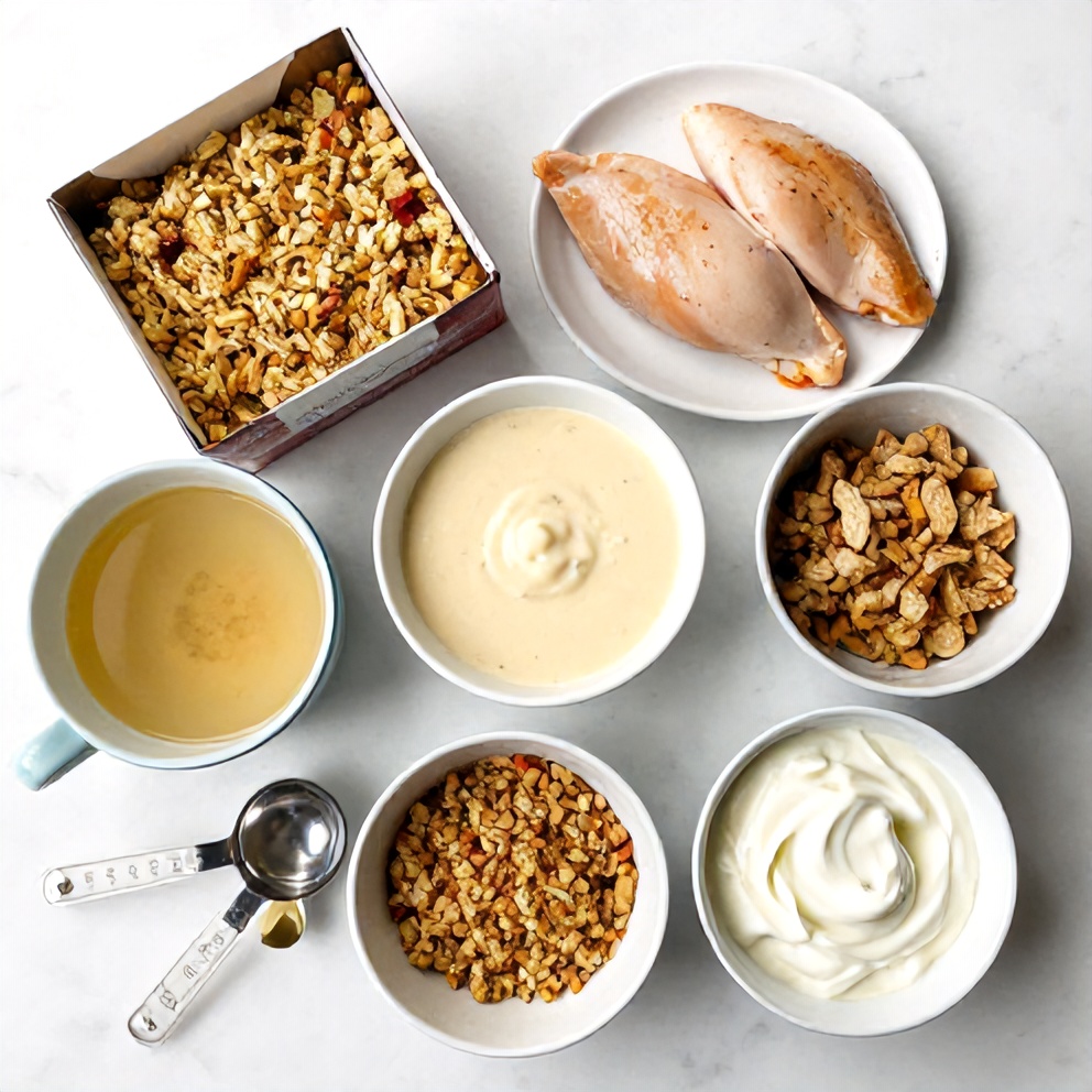 All raw ingredients for crock pot chicken and stuffing recipe, including chicken breasts, boxed stuffing mix, chicken broth, cream of chicken soup, and sour cream, arranged on marble.
