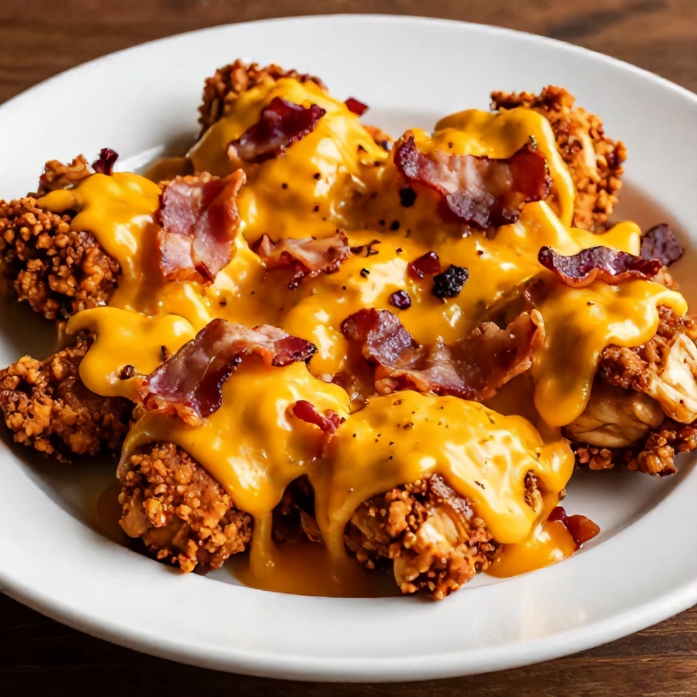 Plated serving of Crock Pot Crack Chicken with crispy bacon and melted cheese