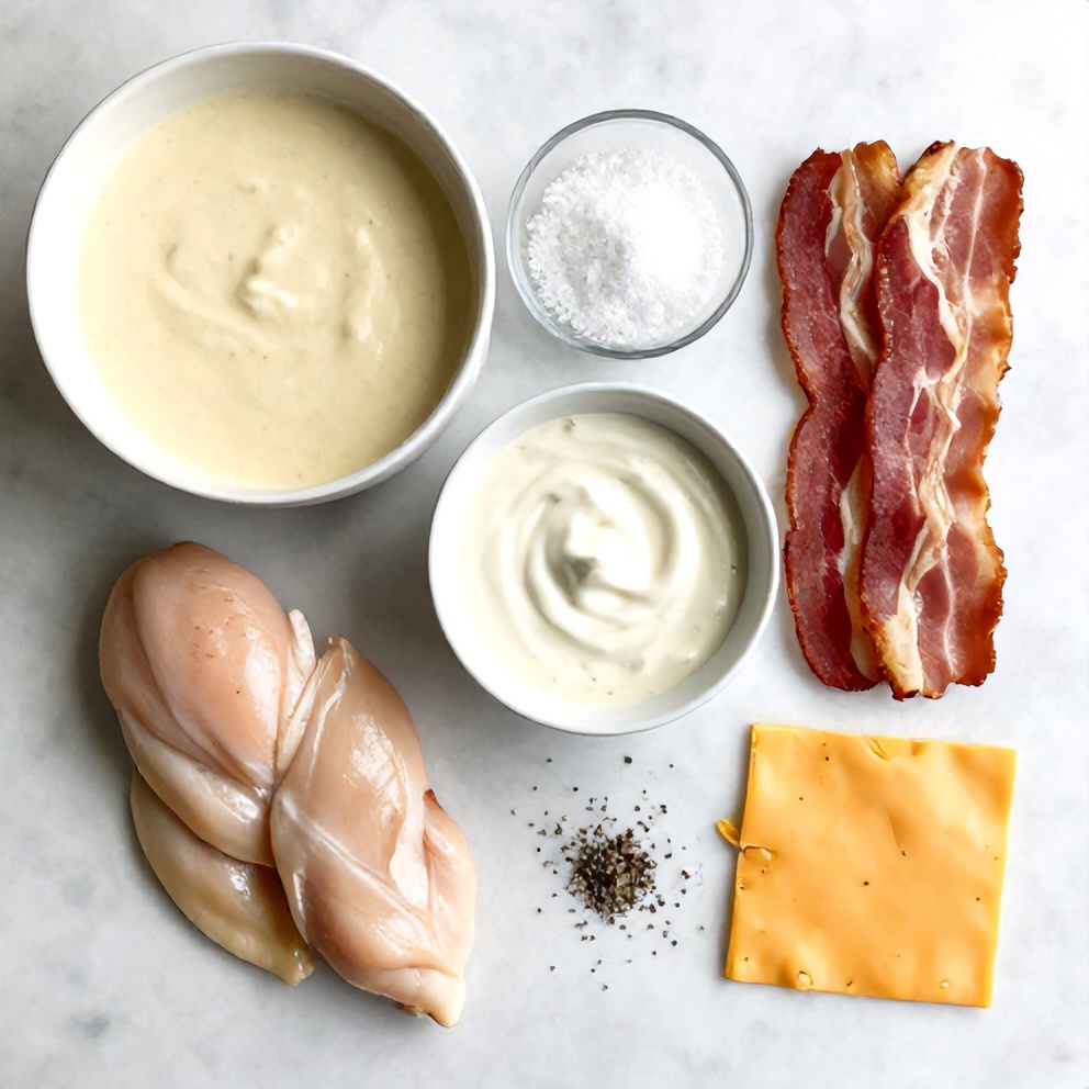 Raw ingredients for Crock Pot Crack Chicken: chicken breasts, cream of chicken soup, ranch dressing, bacon, cheese, salt, and pepper