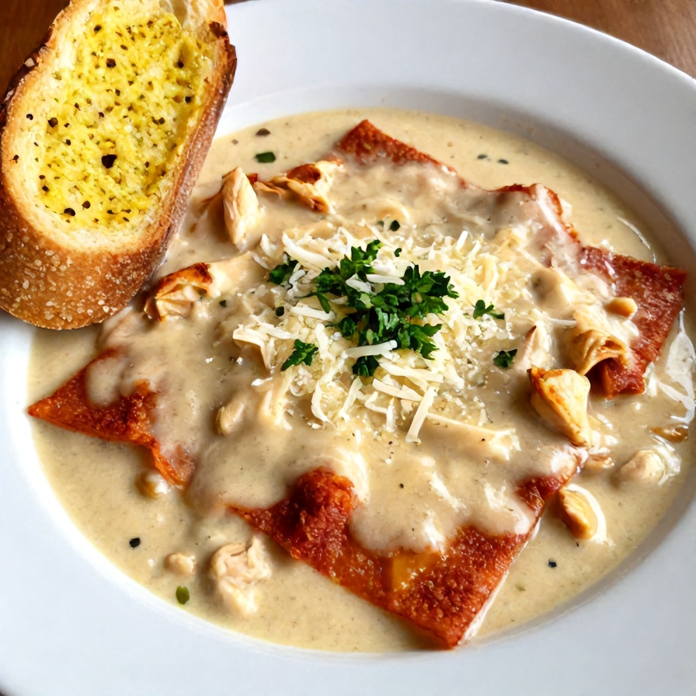 Bowl of Creamy Chicken Parmesan Soup with grated Parmesan on top