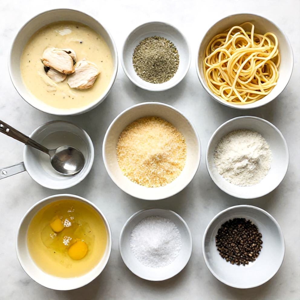 Raw ingredients for Creamy Chicken Parmesan Soup on a marble surface