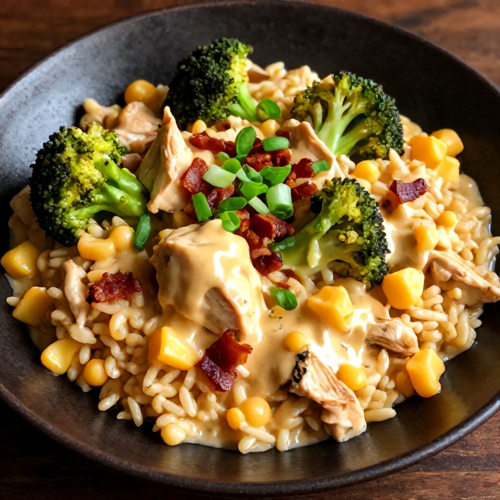 Plated crockpot broccoli cheddar chicken and rice dinner