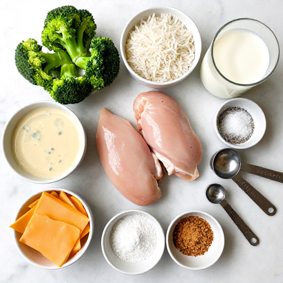 Raw ingredients for crockpot broccoli cheddar chicken and rice