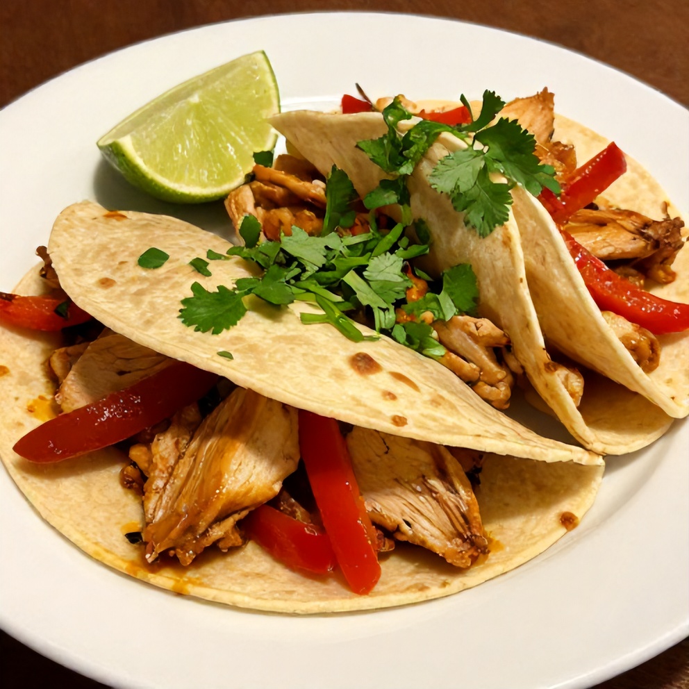 One serving of crockpot chicken fajitas filled with vibrant peppers and onions on a white plate, topped with fresh cilantro, steam rising and lime wedge on side.