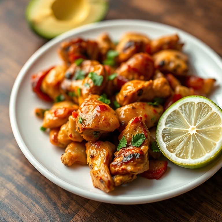 Plated chicken fajitas. Guacamole and lime on the side. Close crop. White ceramic plate. Warm lighting showing texture.