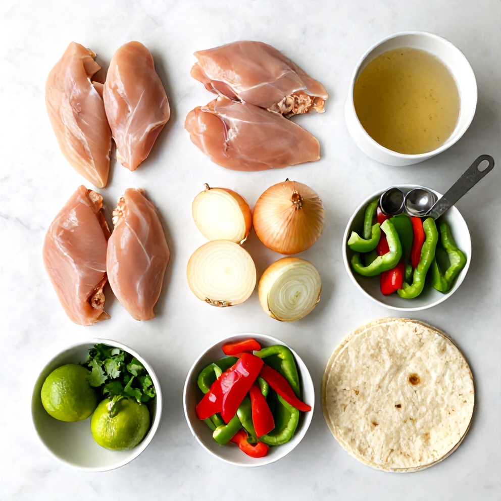 Overhead flat lay of raw chicken breasts, sliced bell peppers, onions, fajita seasoning spices, and tortillas, with limes and cilantro in small bowls on a white marble countertop.