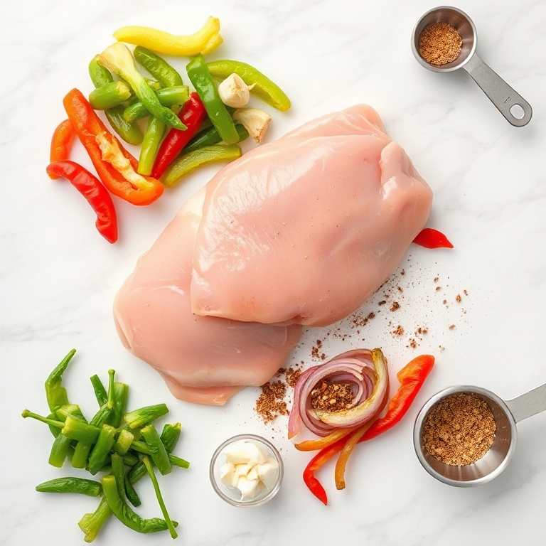 Raw chicken, bell peppers, onions, garlic, fajita seasoning. Overhead flat lay. Measuring spoons and cups visible. White marble surface. Bright even light.