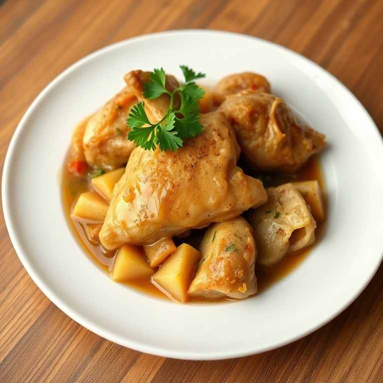 Perfectly plated chicken pot roast with a parsley garnish on a white plate