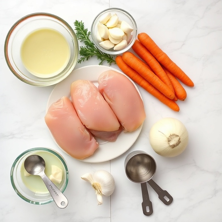 Raw chicken, carrots, potatoes, garlic, and herbs arranged on a marble surface