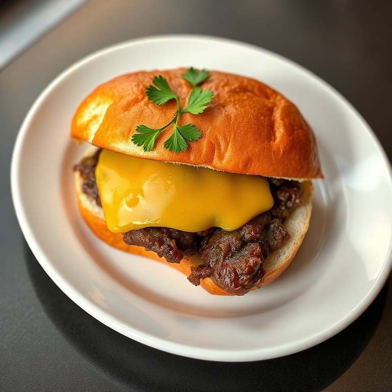 One crockpot French dip sandwich with shredded beef and melty provolone, garnished with parsley, on a white oval plate. Cozy lighting highlights juicy texture.