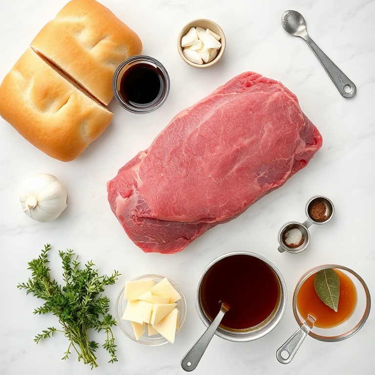 Overhead flat lay of raw beef chuck roast, hoagie rolls, onion, provolone slices, and fresh thyme as the most prominent ingredients, with prep bowls and measuring spoons on white marble.