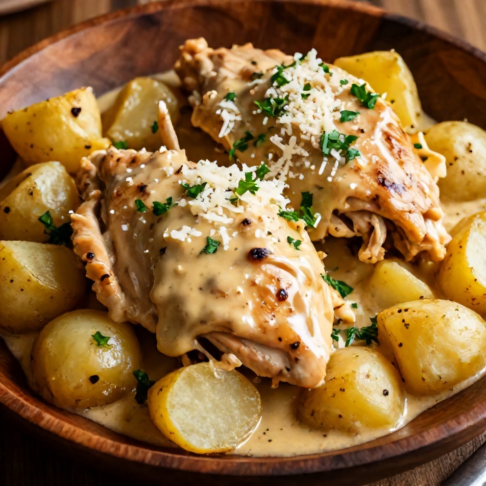 Crockpot Garlic Parmesan Chicken and Potatoes Final Dish