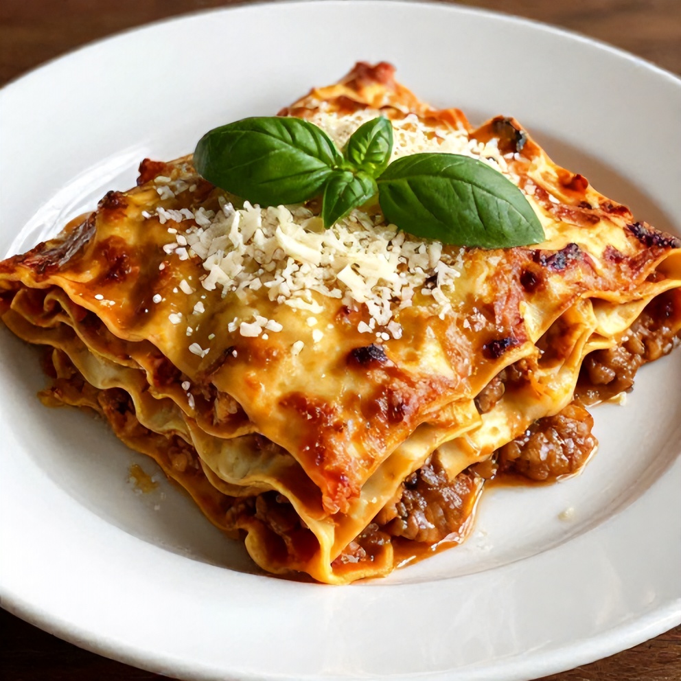 Plated serving of easy crockpot lasagna with fresh basil and grated parmesan