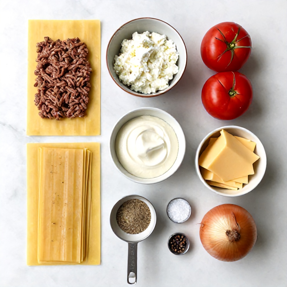 Raw ingredients for easy crockpot lasagna: ground beef, lasagna noodles, canned tomatoes, ricotta cheese, mozzarella cheese, onion, garlic, Italian seasoning