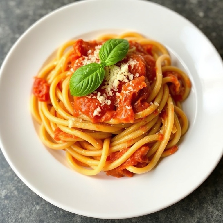 One perfect plated serving of Easy Crockpot Pizza Pasta with a sprinkle of basil and Parmesan. Close crop, food fills 90% of the frame. White ceramic plate with warm side lighting showing texture.