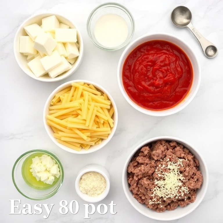 Overhead flat lay of the raw ingredients for Easy Crockpot Pizza Pasta. Tomato sauce, mozzarella, cooked pasta, ground beef, garlic, and Parmesan. Prep bowls, measuring spoons, and cups visible. White marble surface. Bright even light.