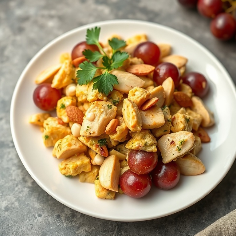 One perfect serving of curry chicken salad with grapes and almonds. Garnished with fresh parsley on a white plate.