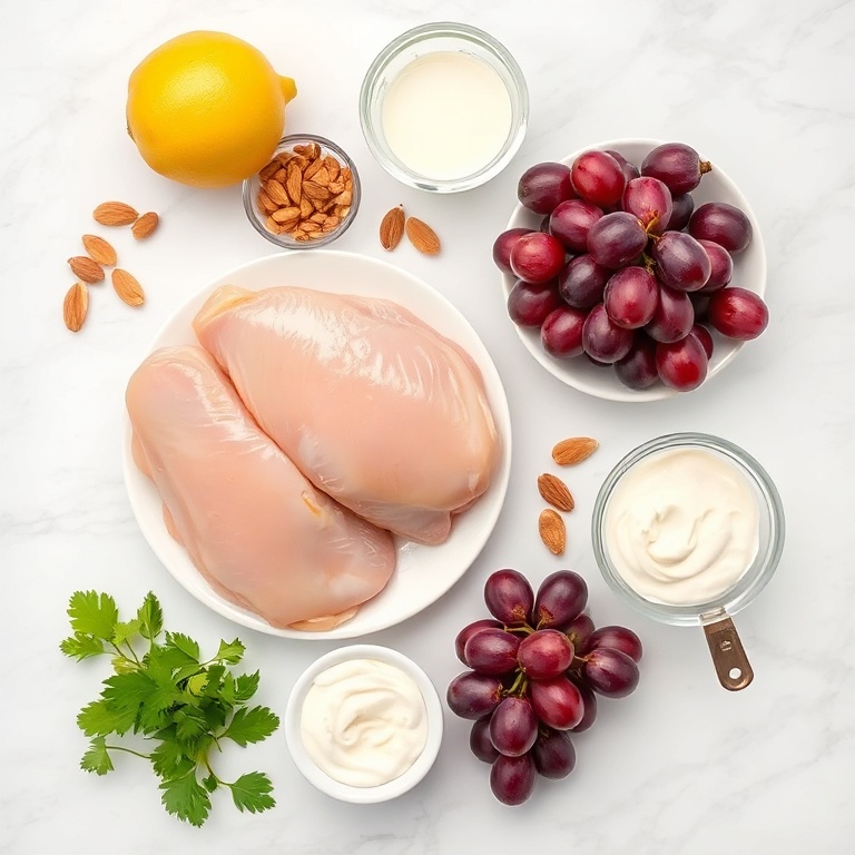 Fresh chicken, grapes, almonds, curry powder, mayonnaise, and lemon arranged in an overhead flat lay.
