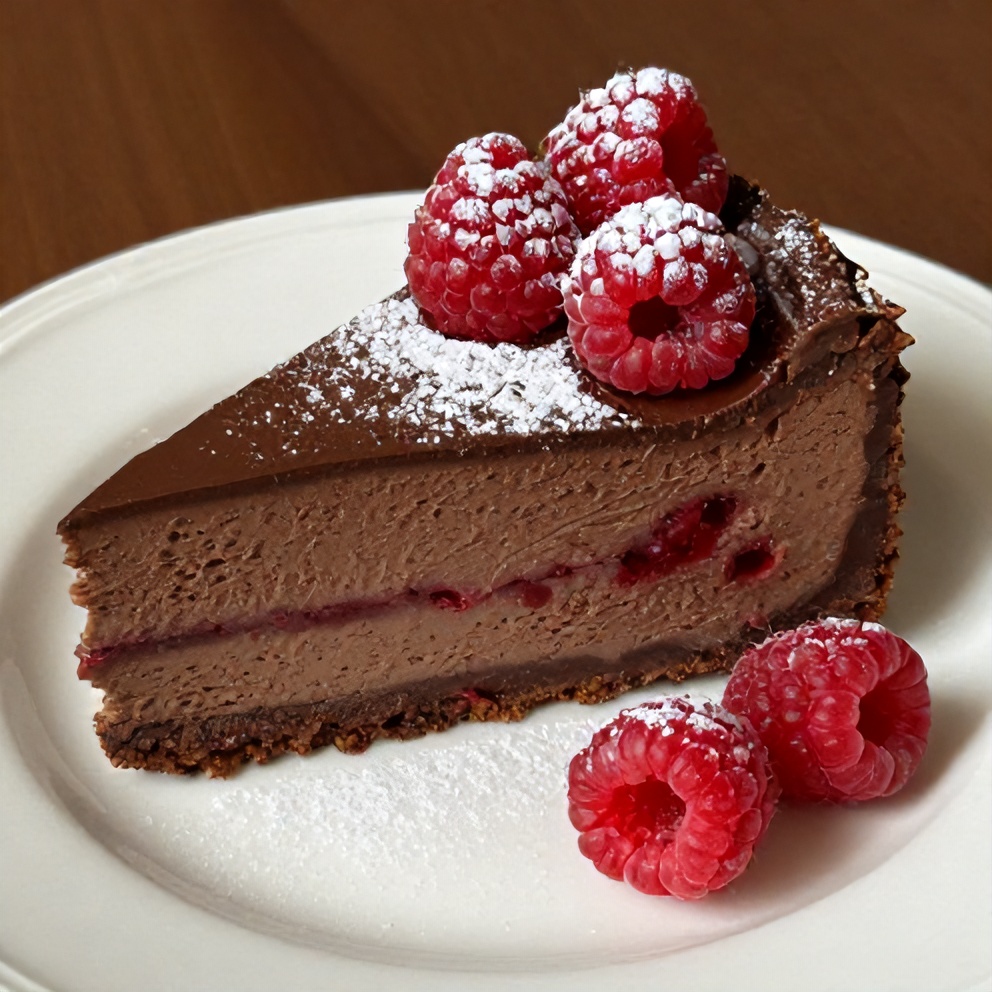 Sliced Dark Chocolate Raspberry Cheesecake