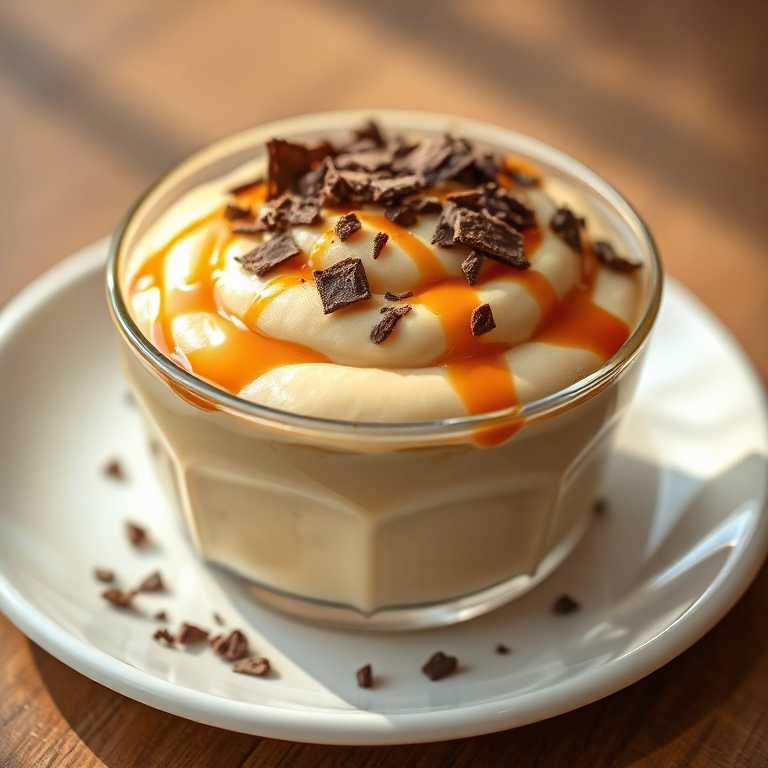 Perfectly plated dulce de leche mousse in a glass bowl. Chocolate shavings and a drizzle of caramel on top. Soft side lighting shows the glossy texture.
