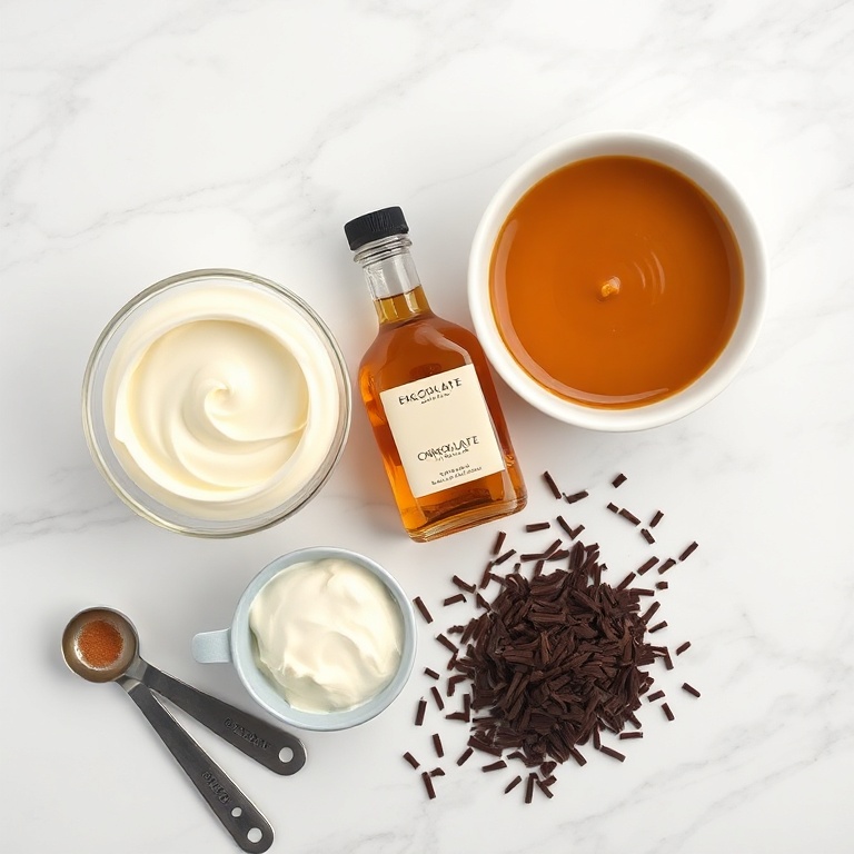 Fresh heavy cream, sweetened condensed milk, vanilla extract, golden dulce de leche, and chocolate shavings arranged in a flat lay. Measuring spoons and a mixing bowl nearby.