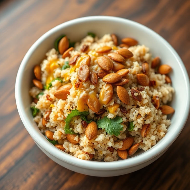 Quinoa salad in a white ceramic bowl with toasted pumpkin seeds and a drizzle of dressing