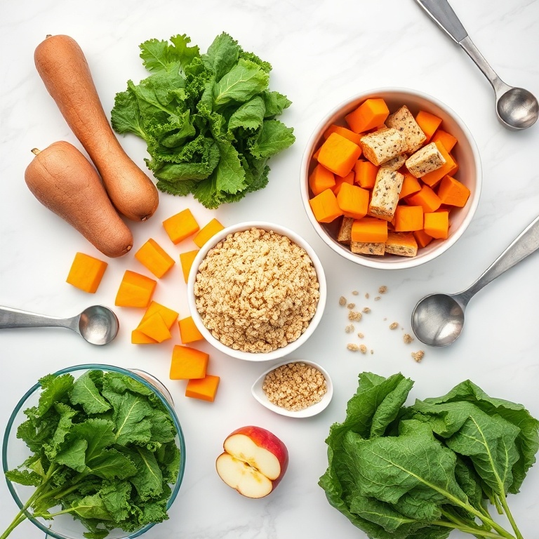 Fresh kale, sweet potatoes, butternut squash, quinoa, and apple slices arranged on a white marble surface