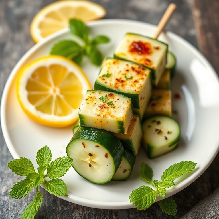 Feta cucumber skewers on a white plate with a lemon wedge and fresh mint