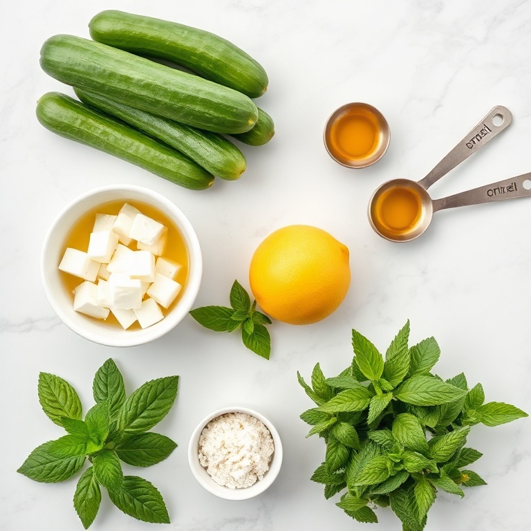 Fresh cucumbers, feta cheese, olive oil, mint, and lemon on a white marble surface with measuring spoons
