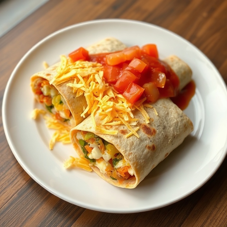 One perfect plated serving of breakfast burritos with shredded cheese and salsa. Warm side lighting highlights texture. White ceramic plate.