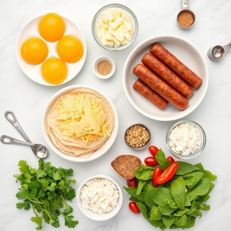 Eggs, cheese, sausage, tortillas, and veggies arranged in an overhead flat lay. Measuring spoons and bowls visible. White marble surface. Bright even light.