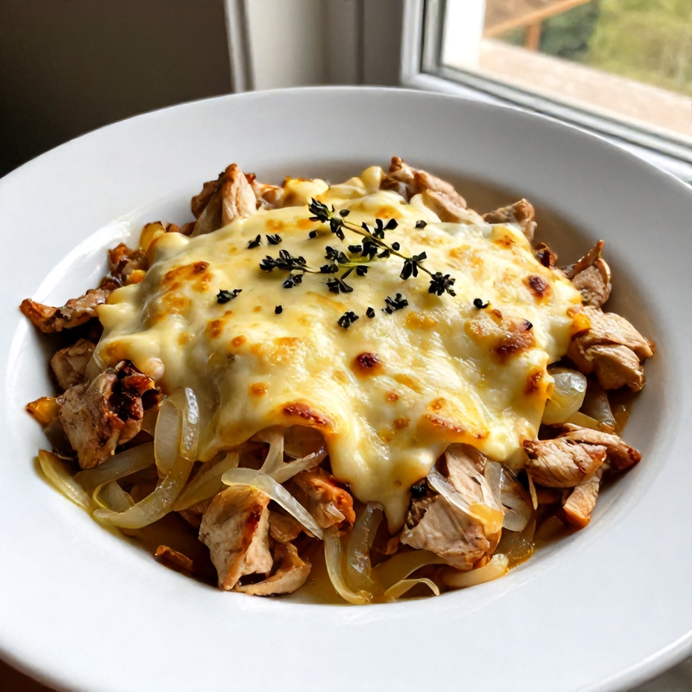 One serving of French onion chicken bake topped with fresh thyme on a white round plate; gooey cheese and golden onions visible with warm side lighting.