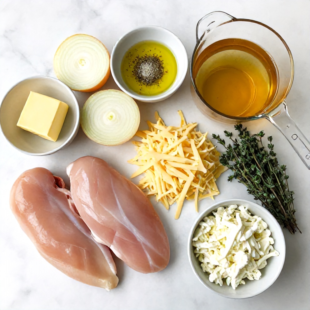 Overhead image of raw chicken breasts, yellow onions, shredded Gruyere cheese, beef broth, and fresh thyme arranged with prep bowls and measuring spoons.