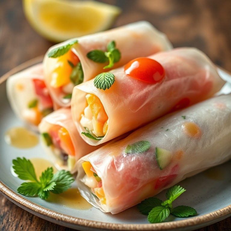Perfectly plated fresh fruit spring rolls with a drizzle of honey and a sprinkle of mint