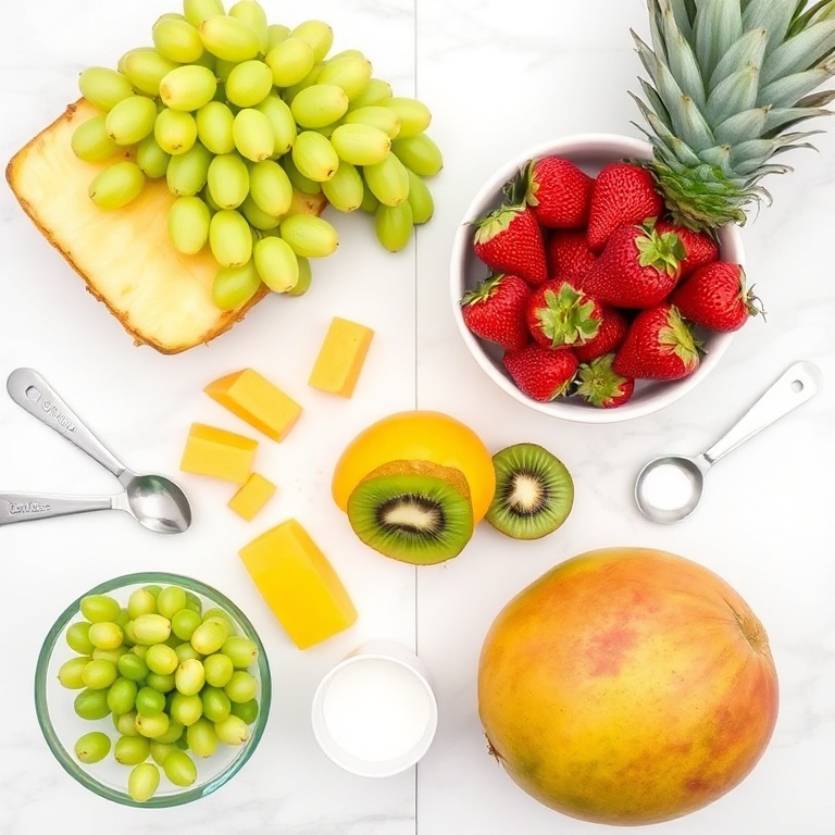 Fresh strawberries, pineapple, grapes, kiwi, and mango arranged in a flat lay with measuring spoons and bowls