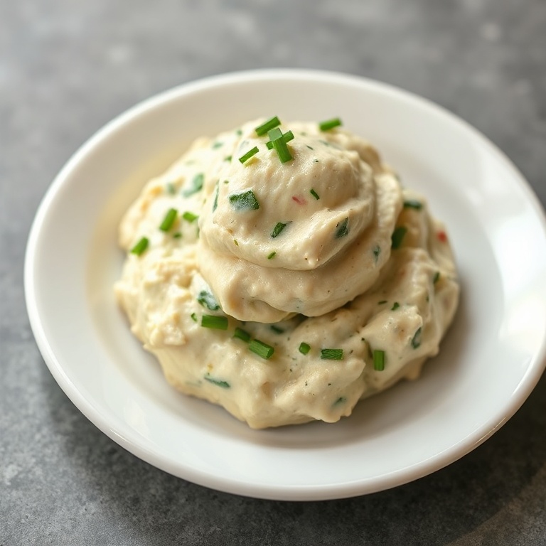 A generous scoop of garden vegetable spread topped with chives on a small round white plate, close cropped for detail.