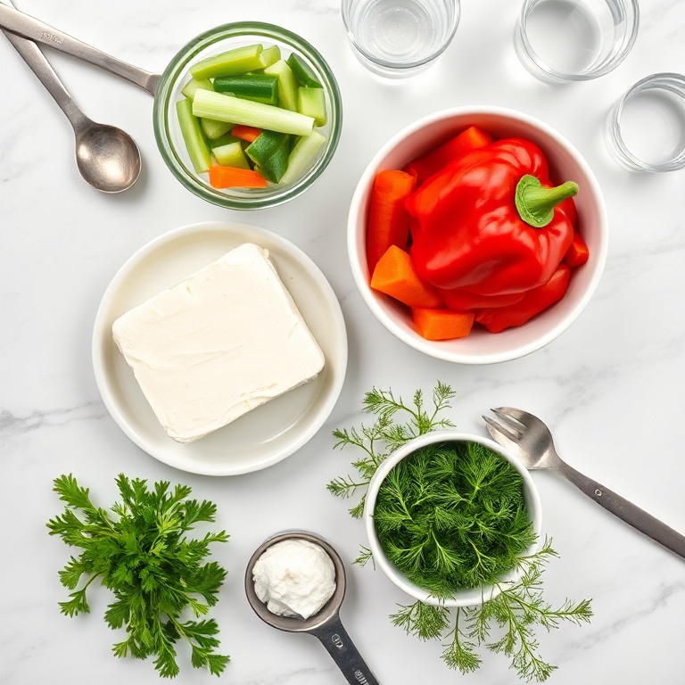 Overhead flat lay of cream cheese, red bell pepper, carrots, green onions, cucumber, small bowls for herbs, on marble with measuring spoons.