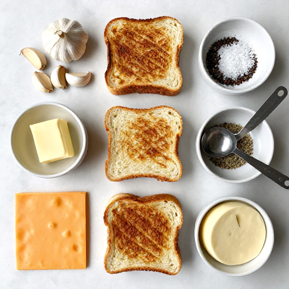 Ingredients for Garlic Bread Grilled Cheese Sandwich on a marble counter